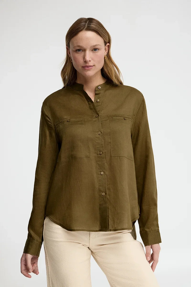 2026 New Arrival Dark-khaki loose-fit ramie shirt with mandarin collar and Polo Club embroidery