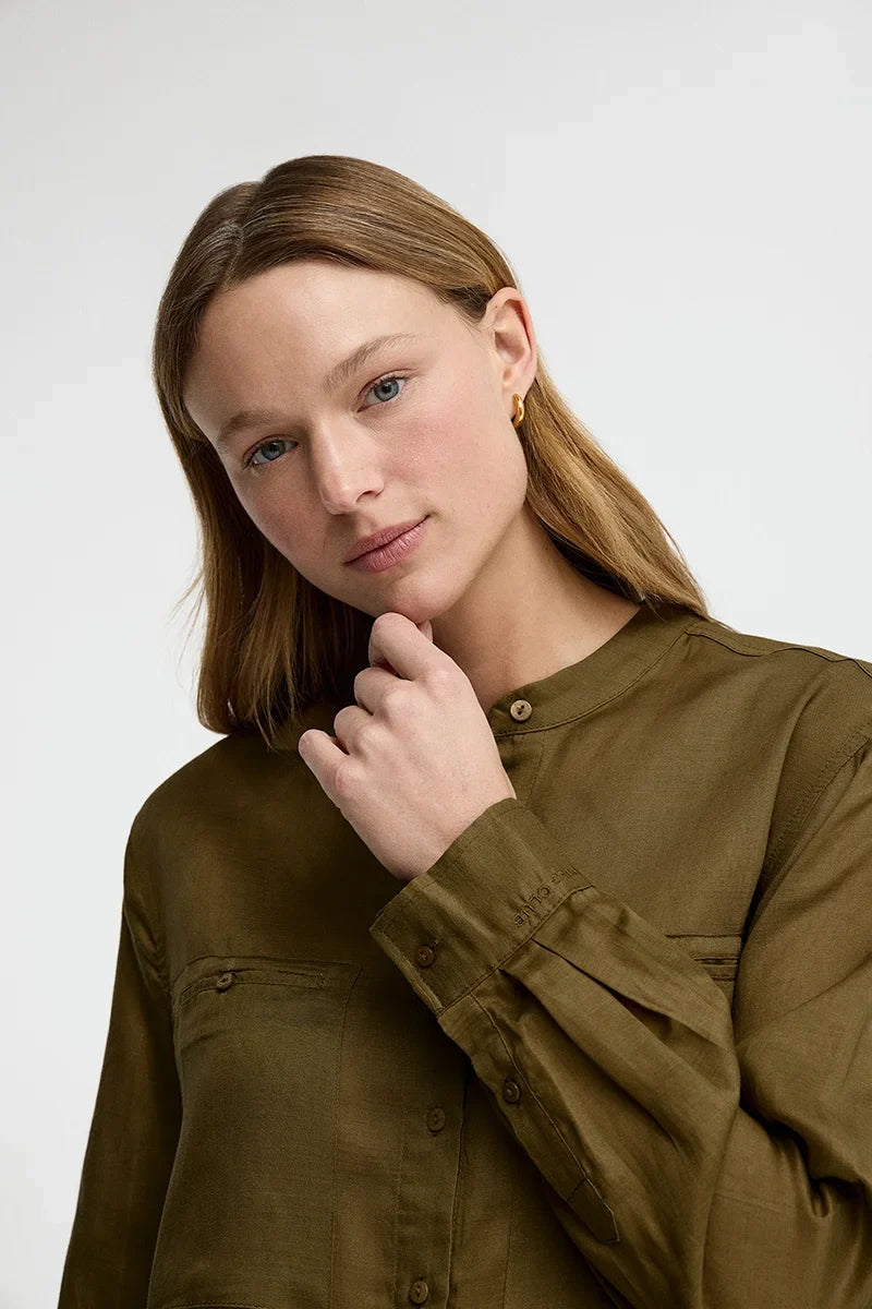 2026 New Arrival Dark-khaki loose-fit ramie shirt with mandarin collar and Polo Club embroidery