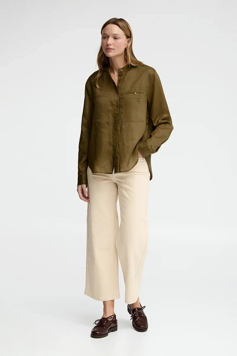 2026 New Arrival Dark-khaki loose-fit ramie shirt with mandarin collar and Polo Club embroidery