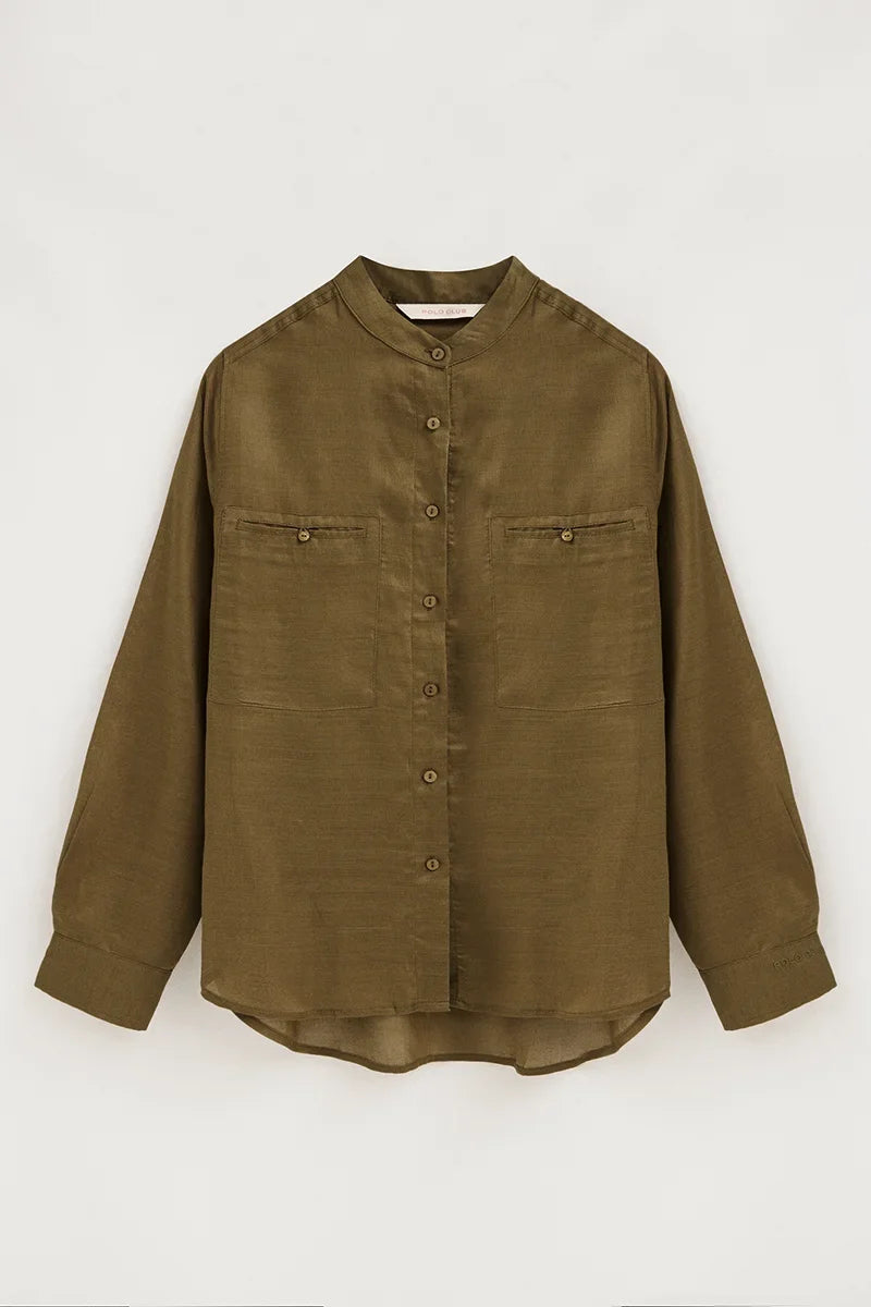 2026 New Arrival Dark-khaki loose-fit ramie shirt with mandarin collar and Polo Club embroidery