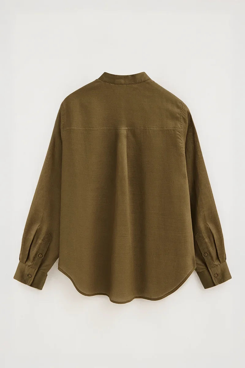 2026 New Arrival Dark-khaki loose-fit ramie shirt with mandarin collar and Polo Club embroidery
