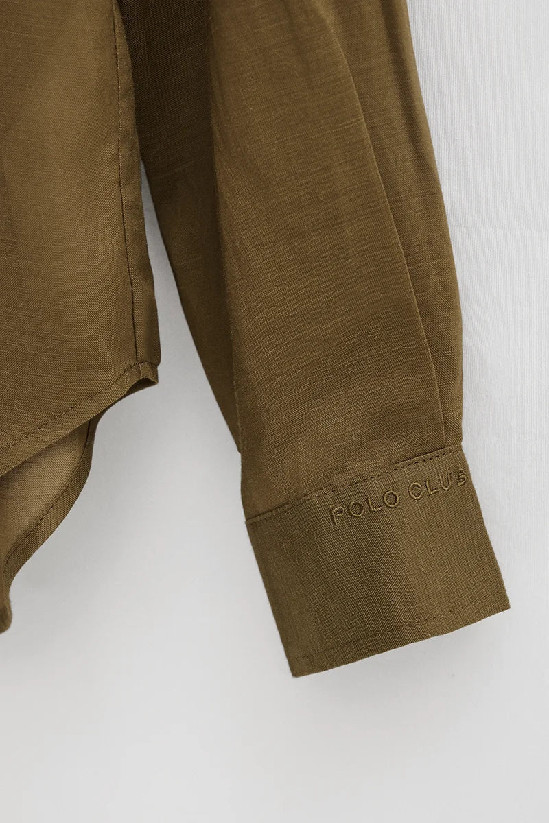 2026 New Arrival Dark-khaki loose-fit ramie shirt with mandarin collar and Polo Club embroidery