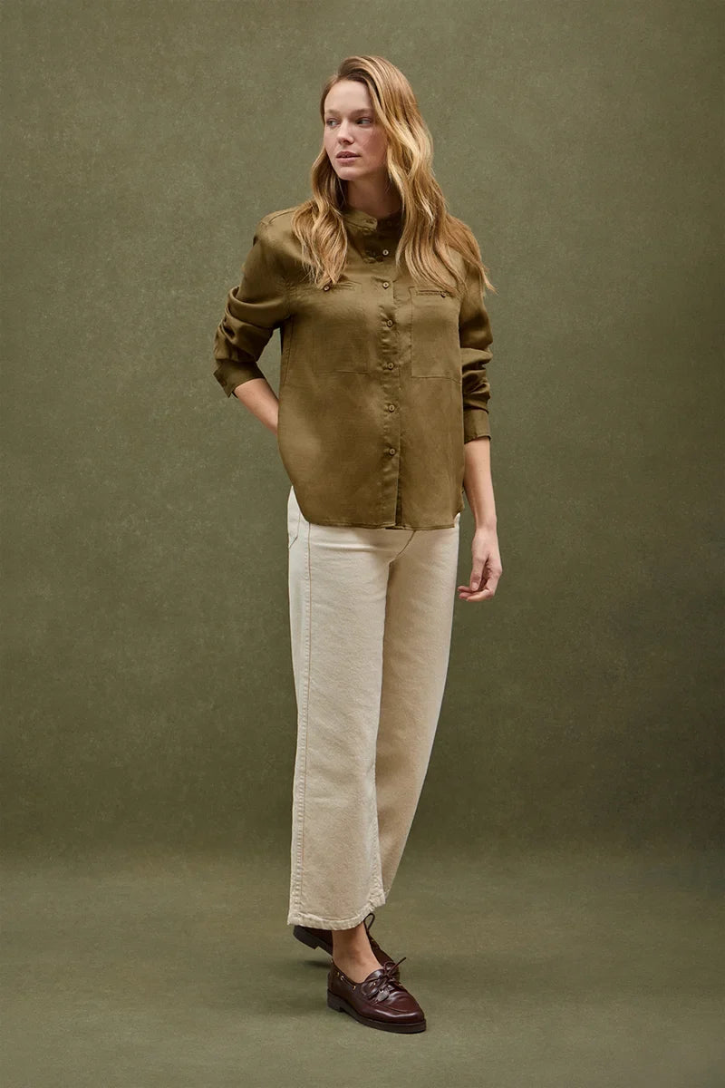 2026 New Arrival Dark-khaki loose-fit ramie shirt with mandarin collar and Polo Club embroidery