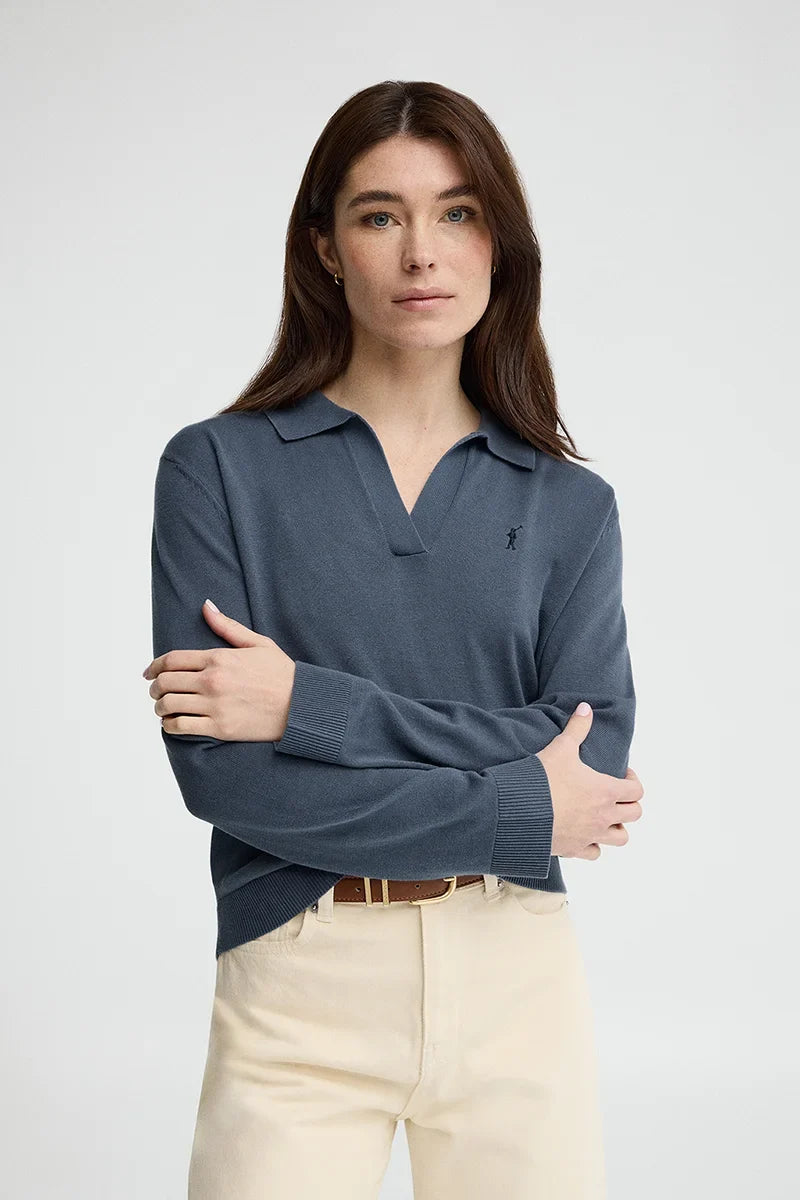 2026 New Arrival Denim-blue jumper with polo collar and Rigby Go logo