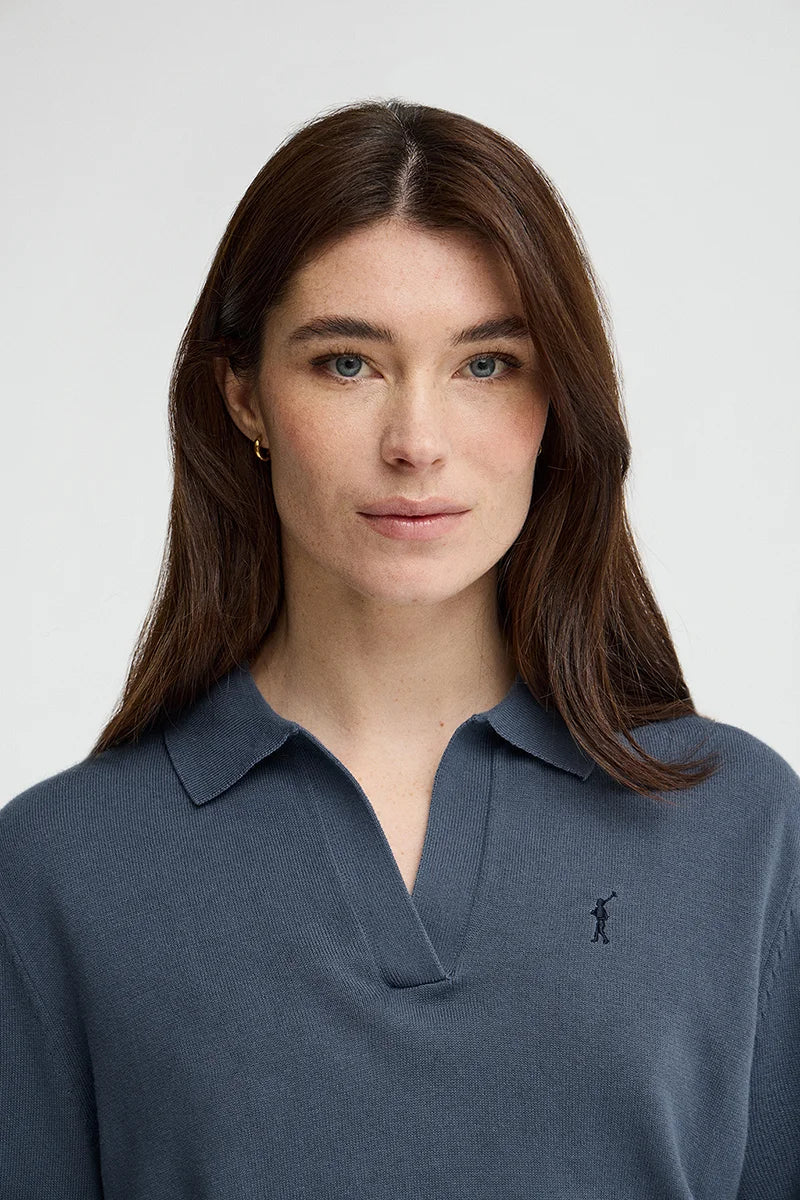 2026 New Arrival Denim-blue jumper with polo collar and Rigby Go logo