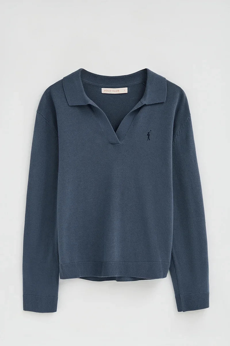 2026 New Arrival Denim-blue jumper with polo collar and Rigby Go logo