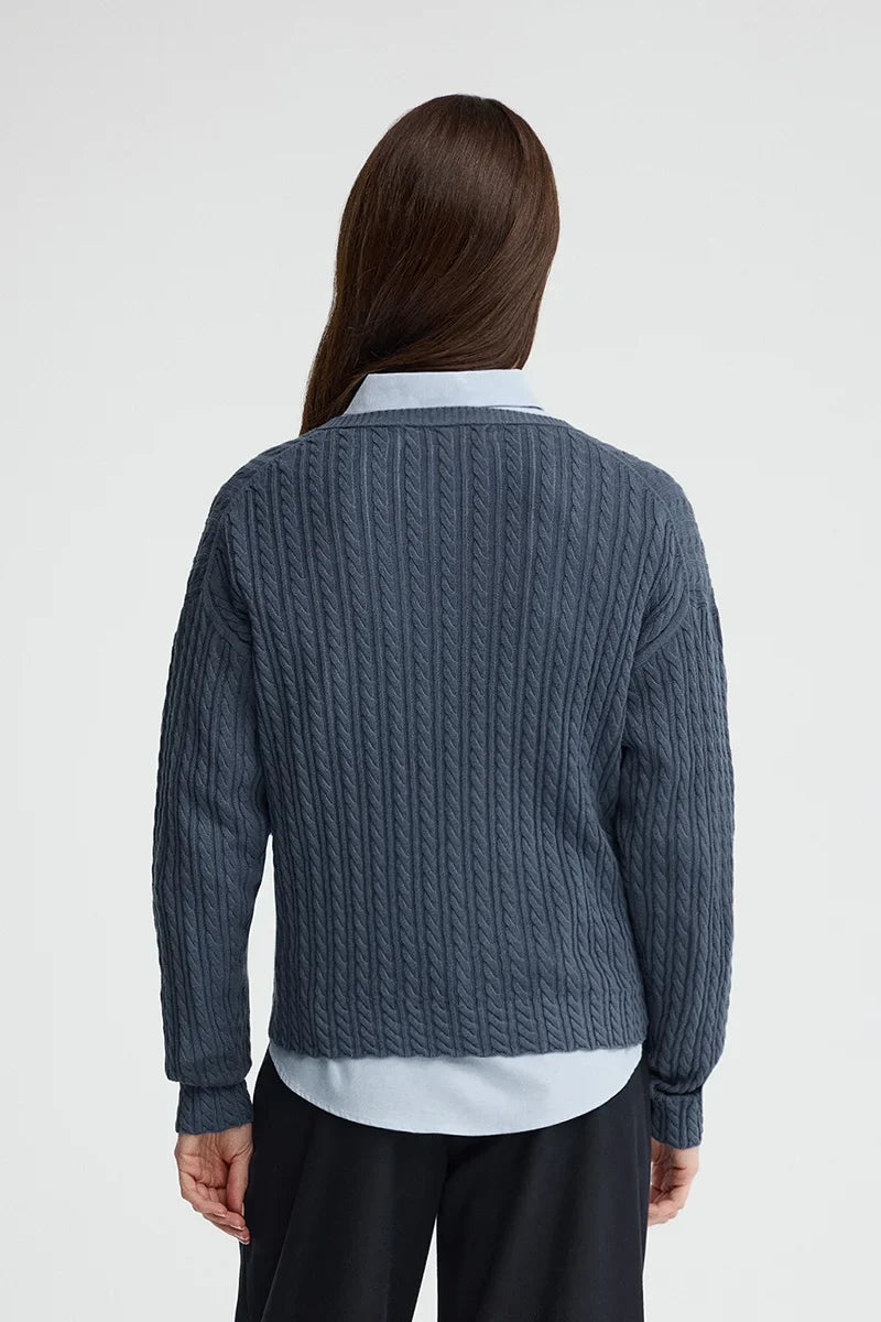 2026 New Arrival Denim-blue cable-knit jumper with V-neck and Polo Club logo