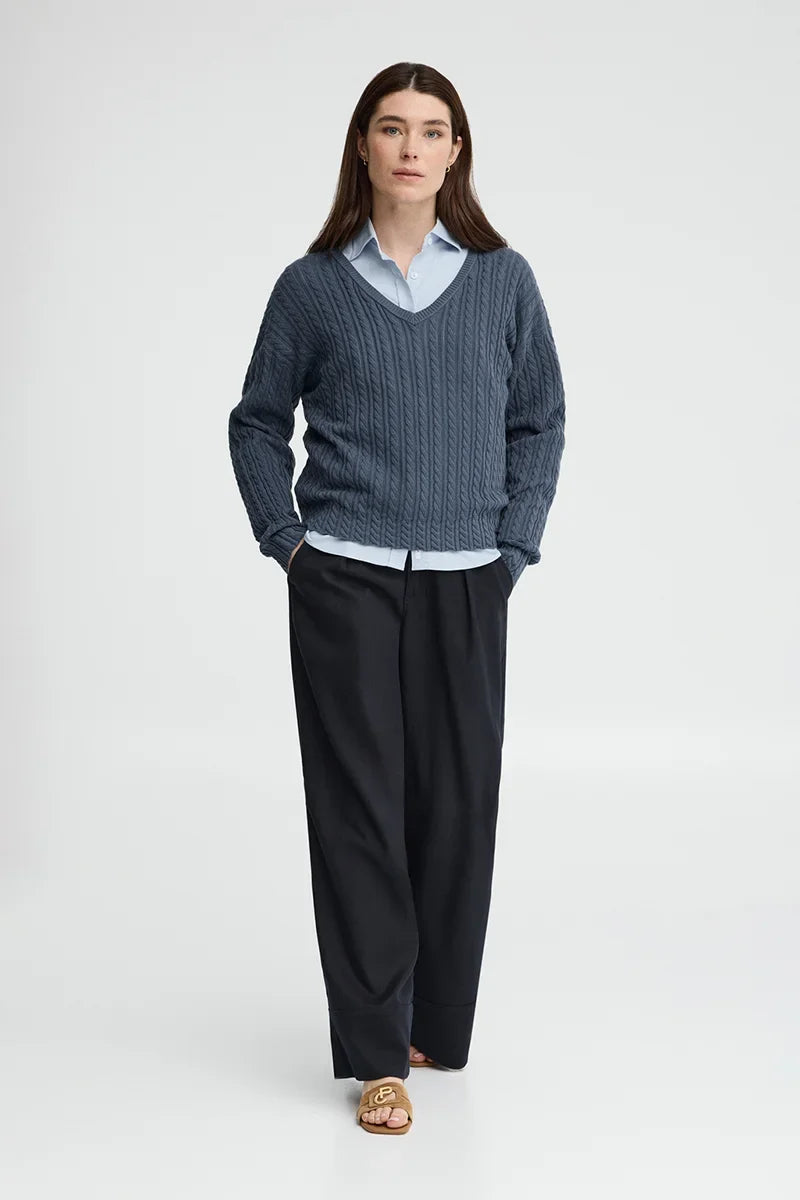 2026 New Arrival Denim-blue cable-knit jumper with V-neck and Polo Club logo