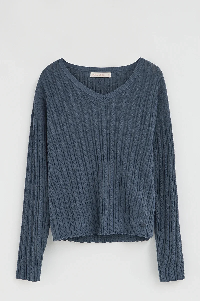 2026 New Arrival Denim-blue cable-knit jumper with V-neck and Polo Club logo