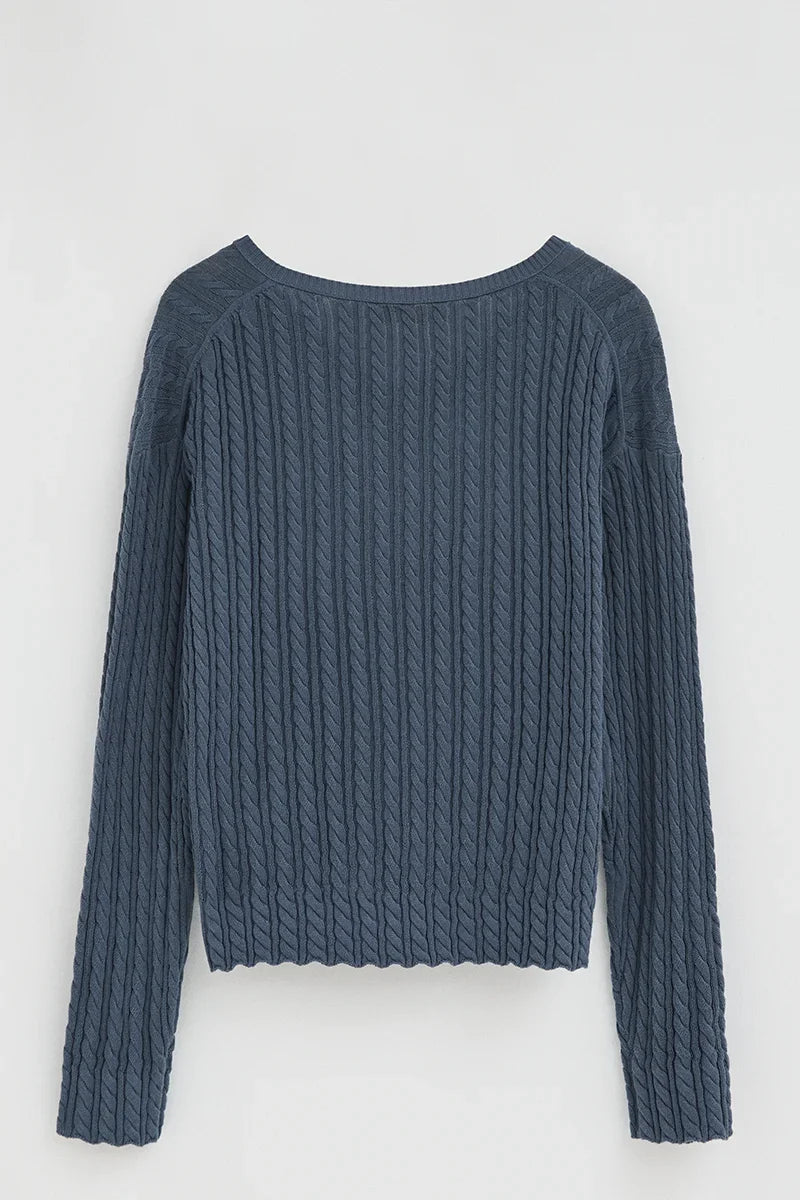 2026 New Arrival Denim-blue cable-knit jumper with V-neck and Polo Club logo