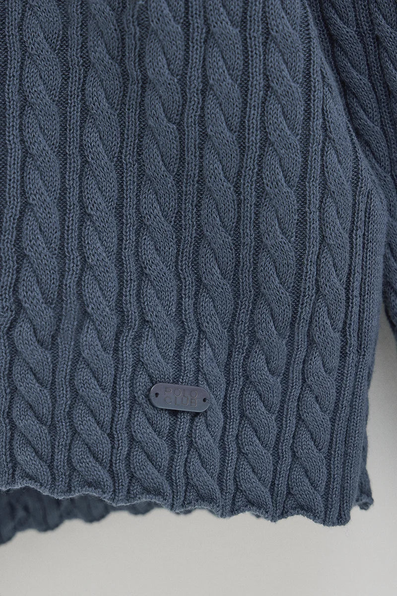 2026 New Arrival Denim-blue cable-knit jumper with V-neck and Polo Club logo