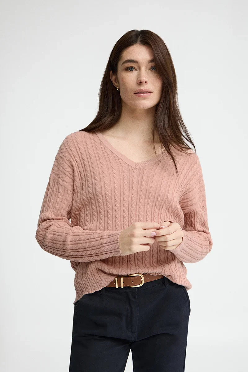 2026 New Arrival Pale-pink cable-knit jumper with V-neck and Polo Club logo