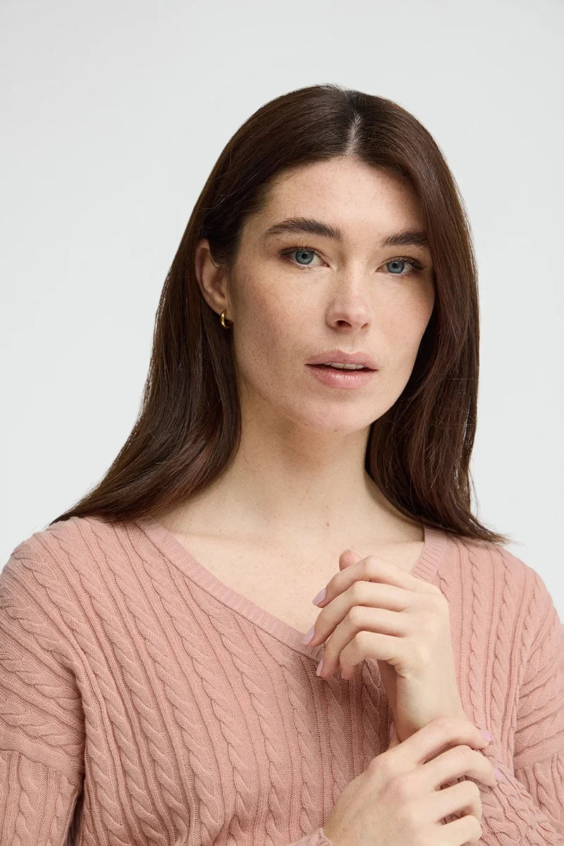 2026 New Arrival Pale-pink cable-knit jumper with V-neck and Polo Club logo