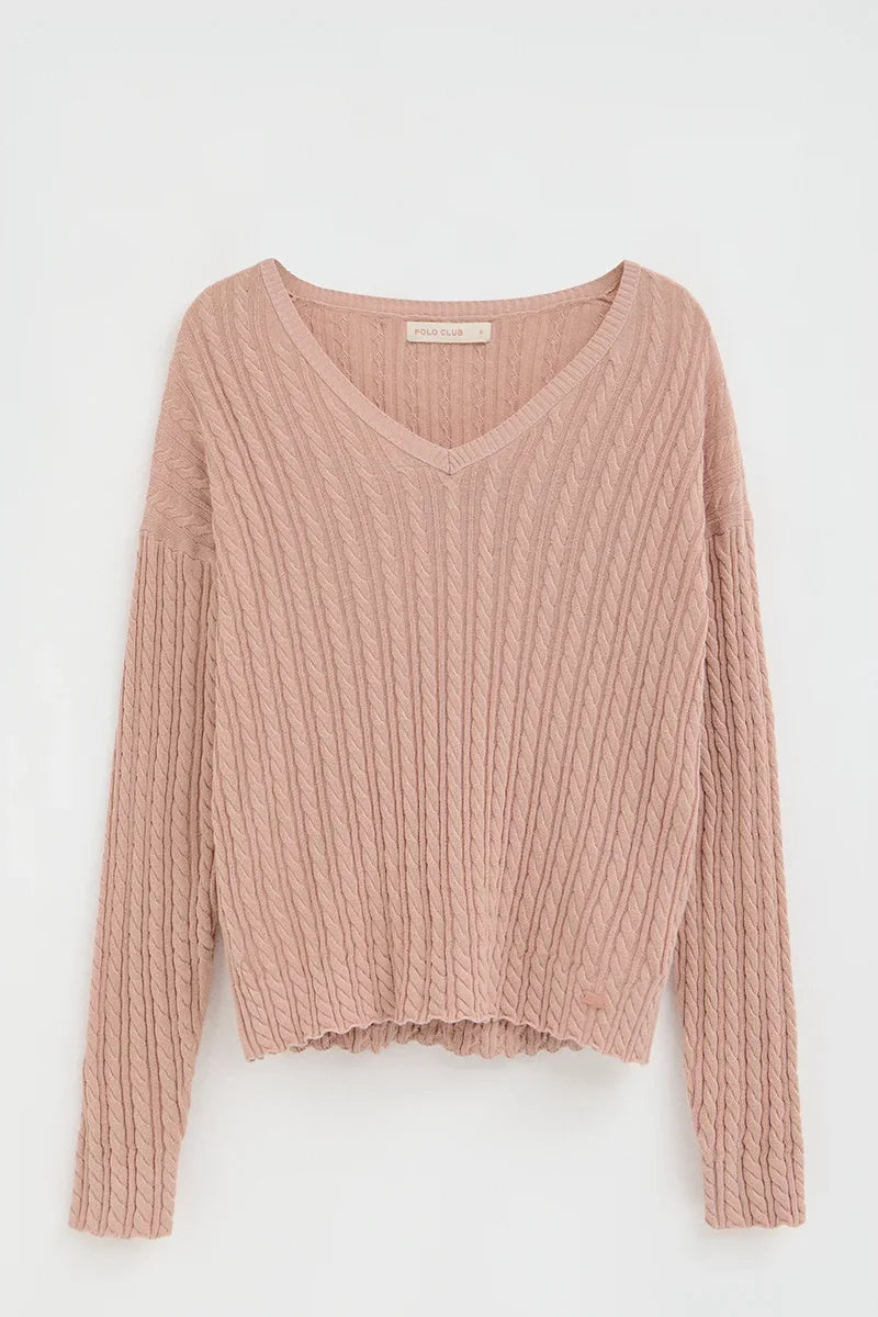 2026 New Arrival Pale-pink cable-knit jumper with V-neck and Polo Club logo