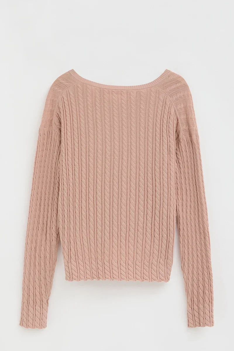 2026 New Arrival Pale-pink cable-knit jumper with V-neck and Polo Club logo