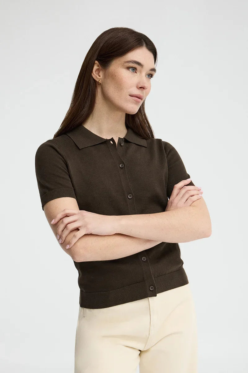 2026 New Arrival Dark-chocolate short-sleeve cardigan with Polo Club logo