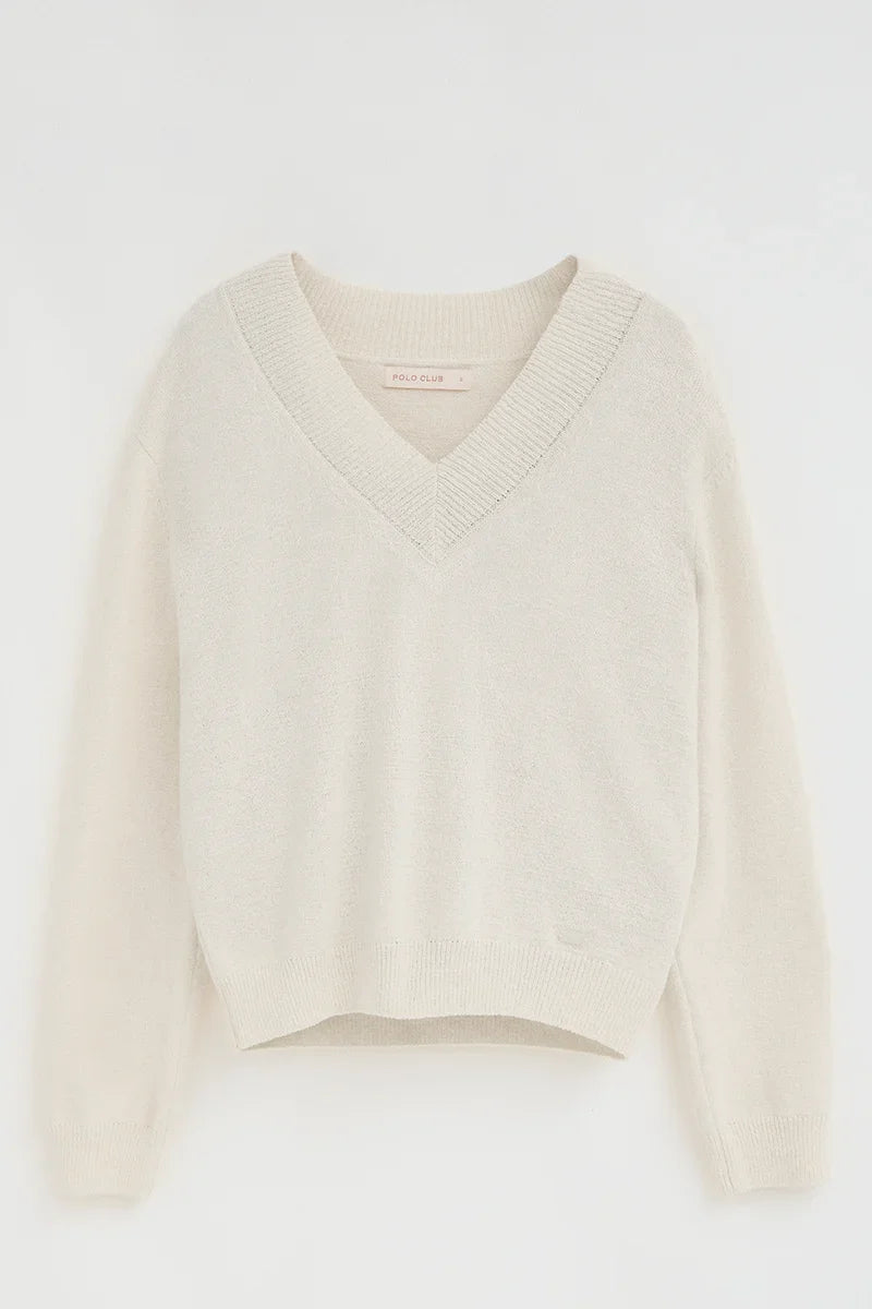 2026 New Arrival Beige rustic-knit jumper with V-neck and Polo Club logo
