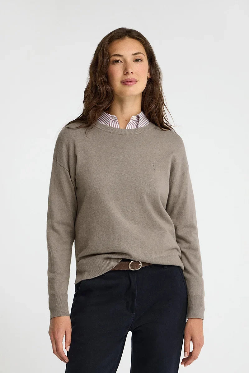 2026 New Arrival Taupe round-neck wool-blend jumper with Rigby Go embroidery