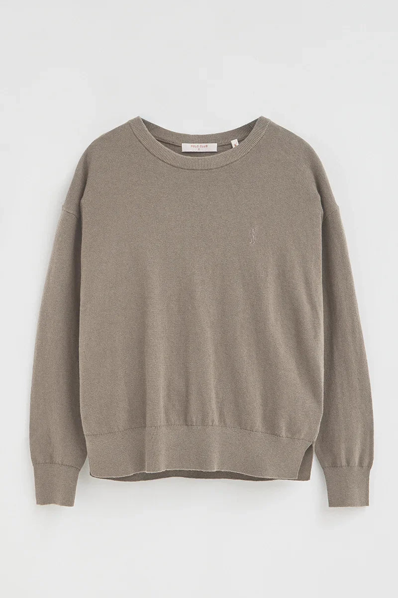 2026 New Arrival Taupe round-neck wool-blend jumper with Rigby Go embroidery