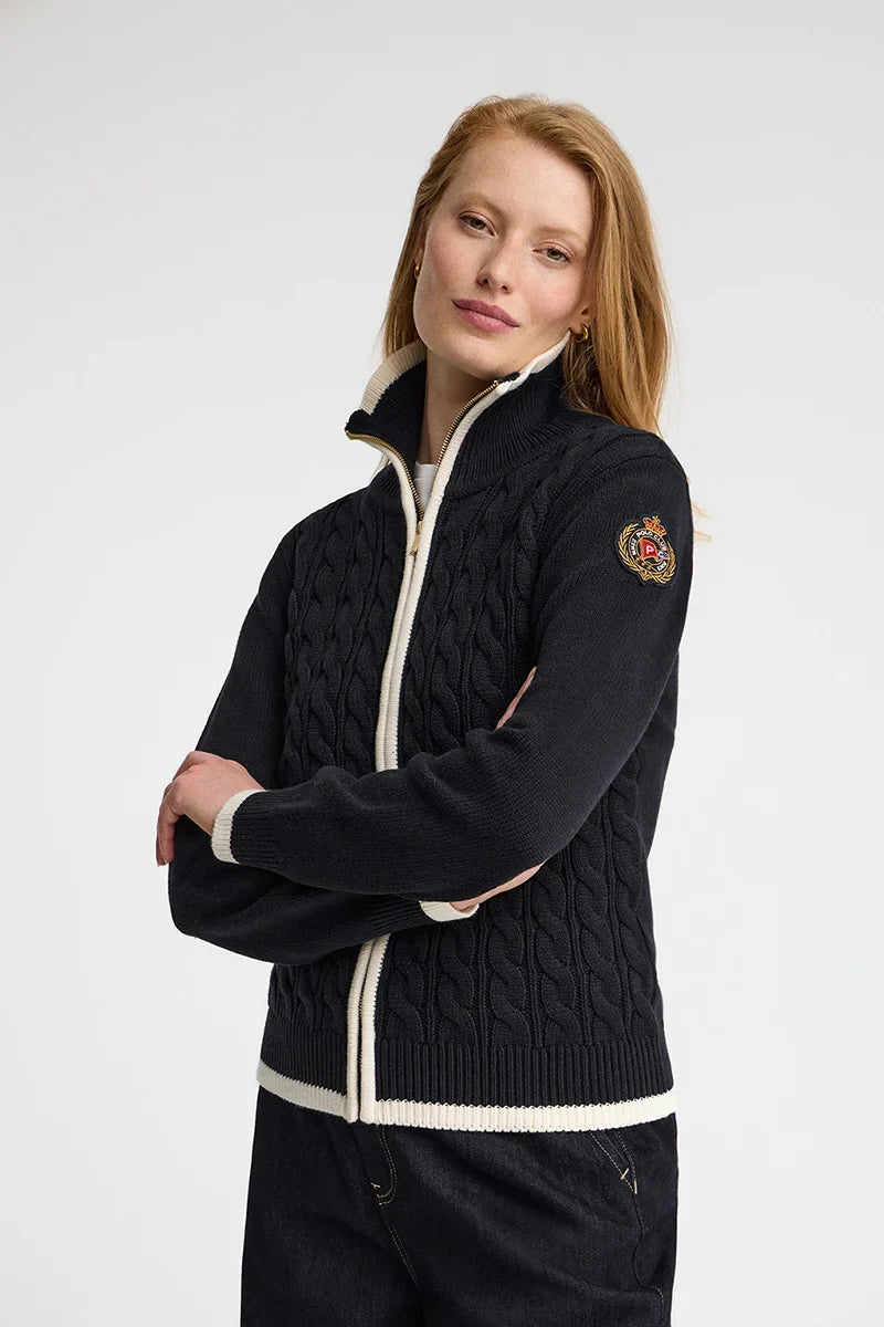 2026 New Arrival Navy-blue cable-knit cardigan with zip and Polo Club nautical patch
