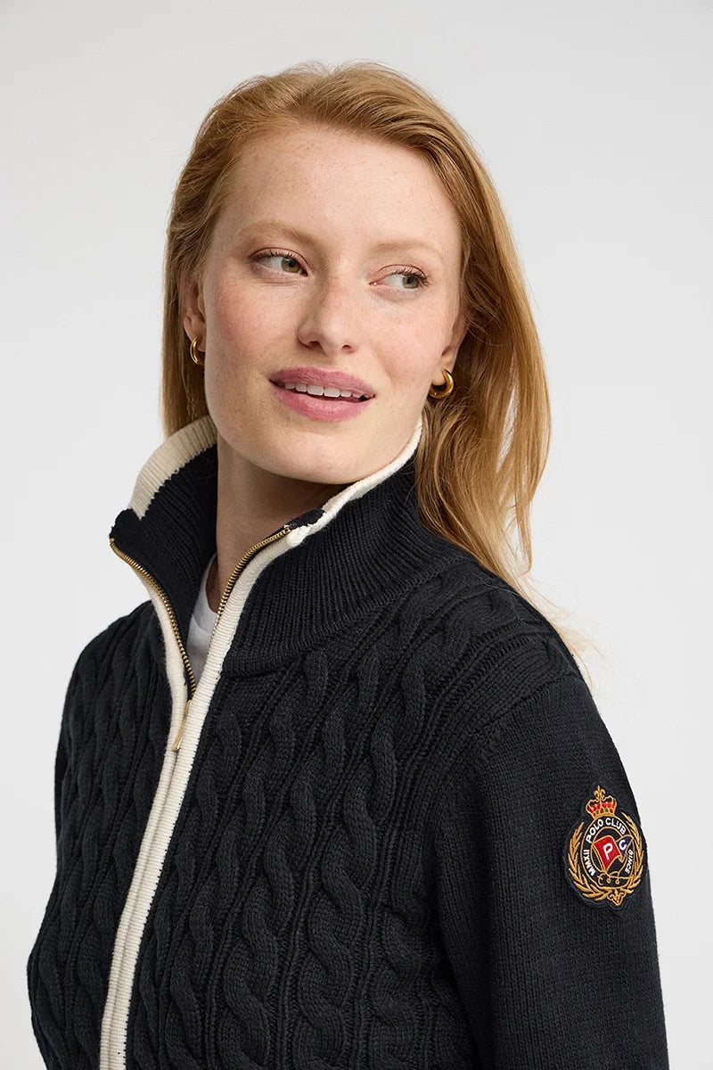 2026 New Arrival Navy-blue cable-knit cardigan with zip and Polo Club nautical patch