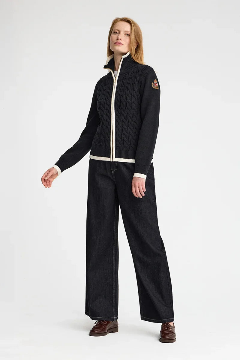 2026 New Arrival Navy-blue cable-knit cardigan with zip and Polo Club nautical patch