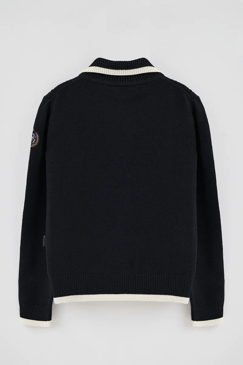 2026 New Arrival Navy-blue cable-knit cardigan with zip and Polo Club nautical patch