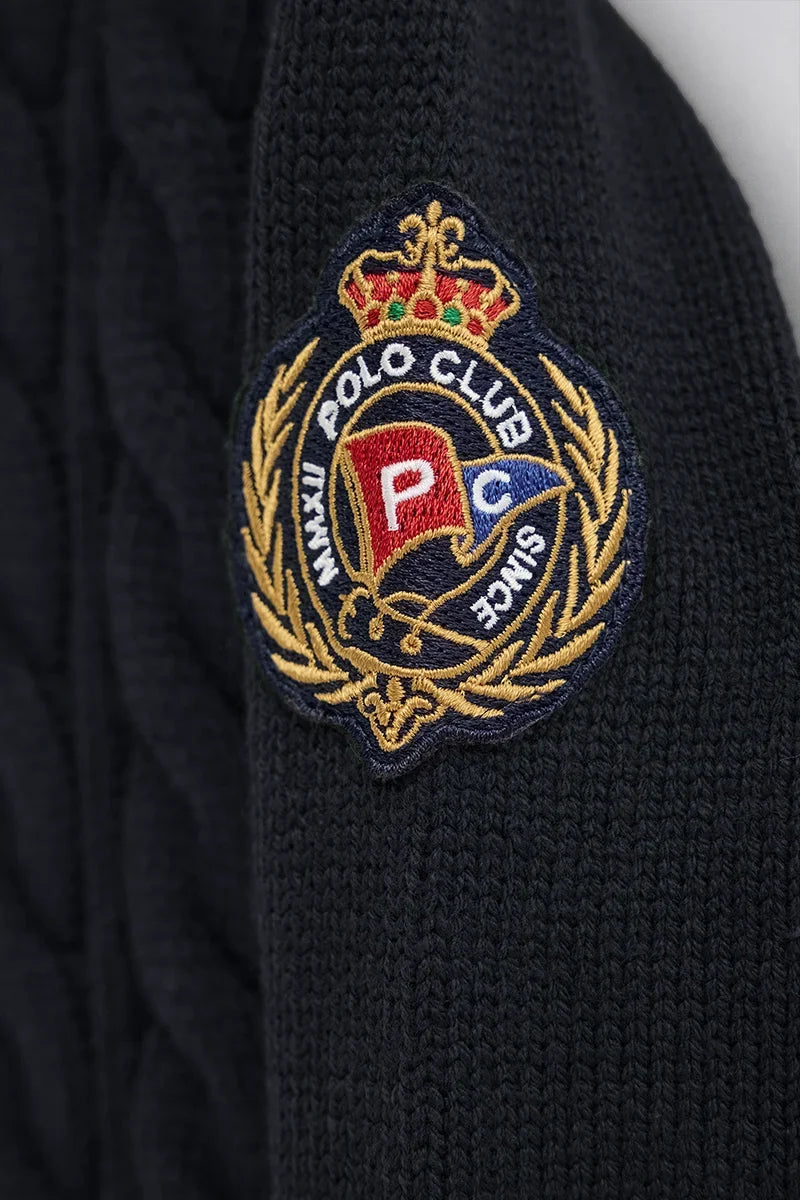2026 New Arrival Navy-blue cable-knit cardigan with zip and Polo Club nautical patch