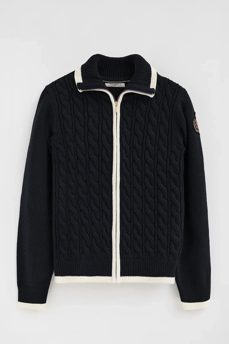 2026 New Arrival Navy-blue cable-knit cardigan with zip and Polo Club nautical patch