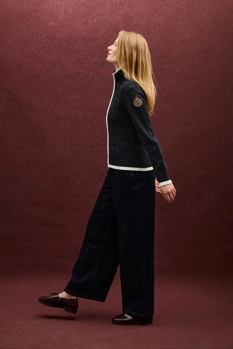 2026 New Arrival Navy-blue cable-knit cardigan with zip and Polo Club nautical patch