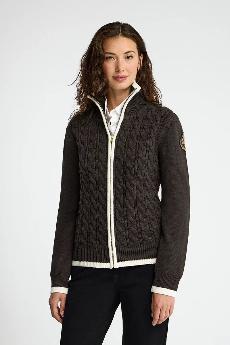 2026 New Arrival Dark-chocolate cable-knit cardigan with zip and nautical Polo Club patch