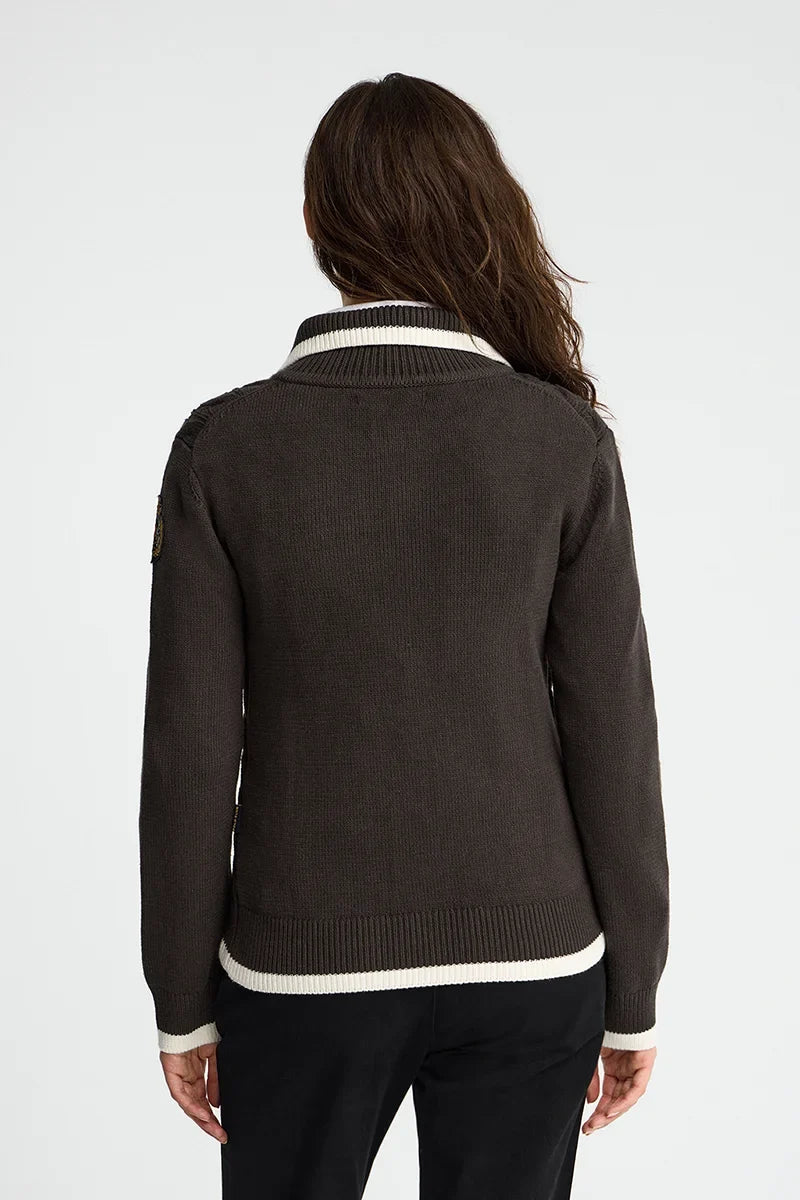 2026 New Arrival Dark-chocolate cable-knit cardigan with zip and nautical Polo Club patch