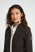 2026 New Arrival Dark-chocolate cable-knit cardigan with zip and nautical Polo Club patch