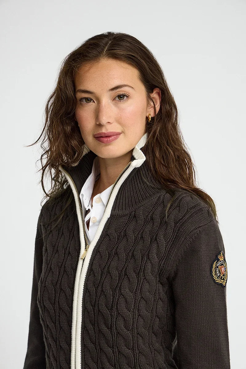 2026 New Arrival Dark-chocolate cable-knit cardigan with zip and nautical Polo Club patch