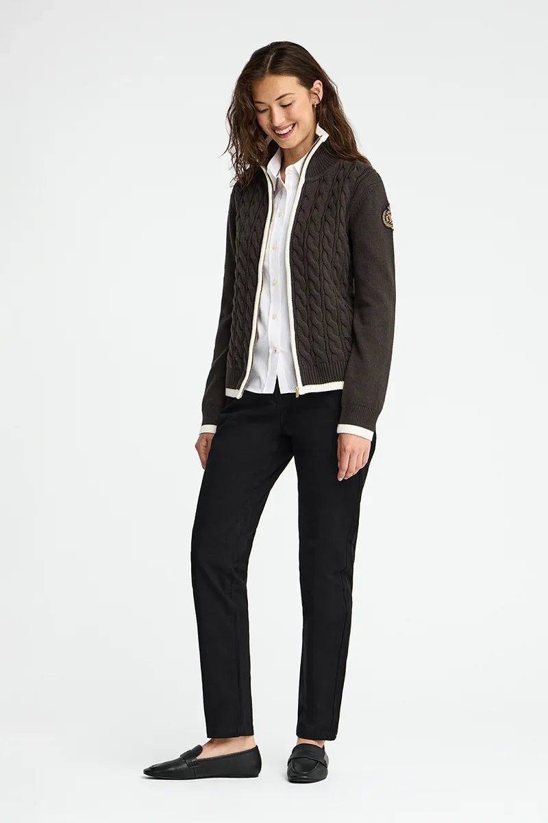 2026 New Arrival Dark-chocolate cable-knit cardigan with zip and nautical Polo Club patch