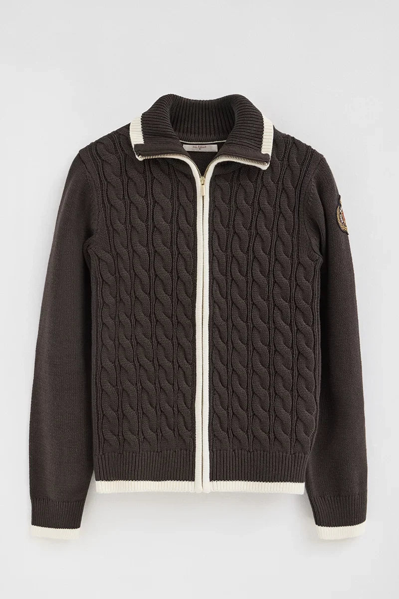 2026 New Arrival Dark-chocolate cable-knit cardigan with zip and nautical Polo Club patch