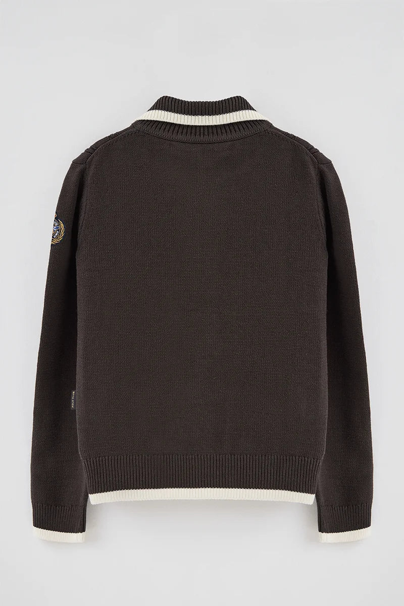 2026 New Arrival Dark-chocolate cable-knit cardigan with zip and nautical Polo Club patch