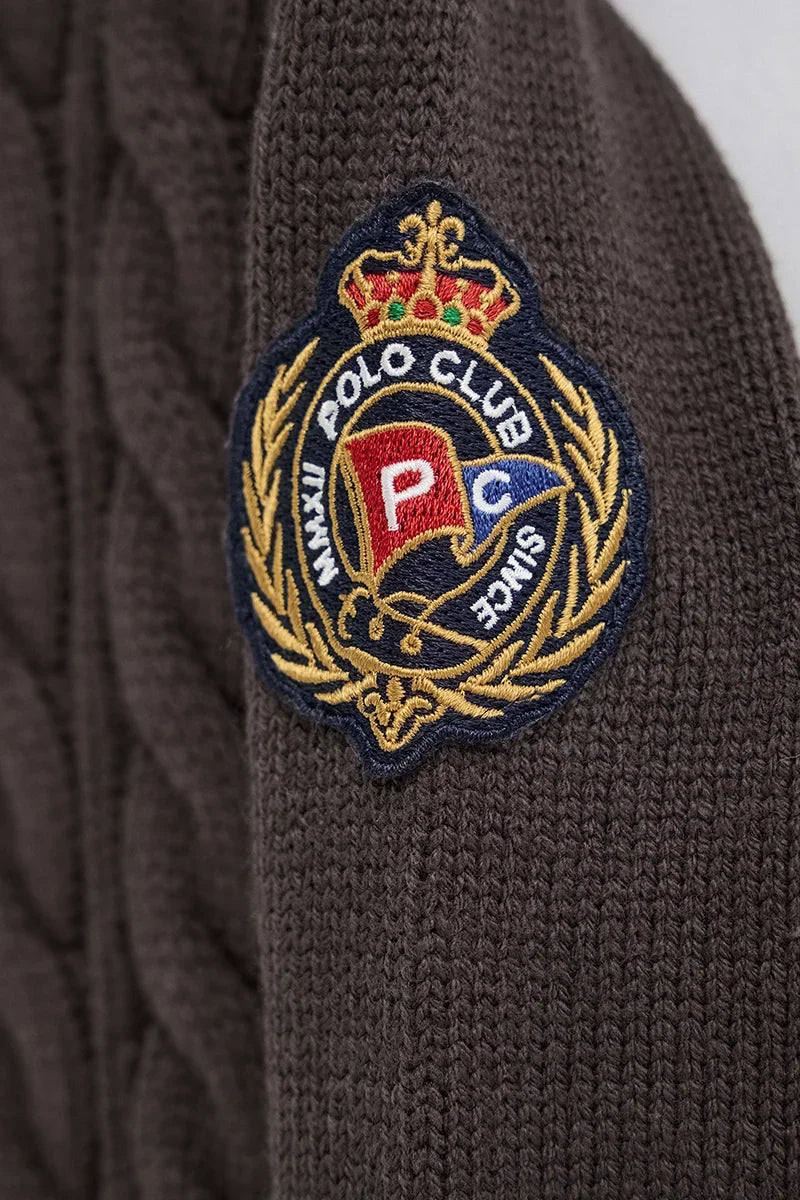 2026 New Arrival Dark-chocolate cable-knit cardigan with zip and nautical Polo Club patch