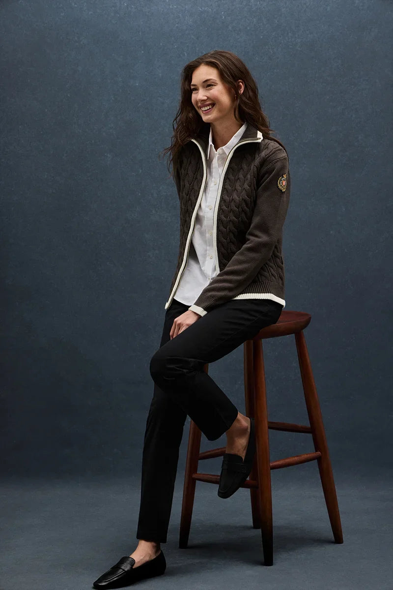 2026 New Arrival Dark-chocolate cable-knit cardigan with zip and nautical Polo Club patch