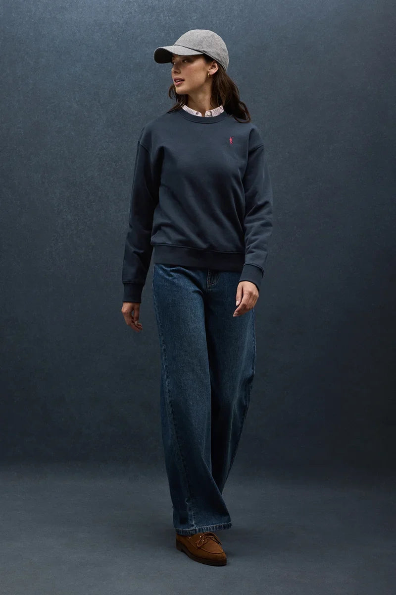 2026 New Arrival Navy-blue round-neck boxy-fit sweatshirt with Rigby Go embroidery
