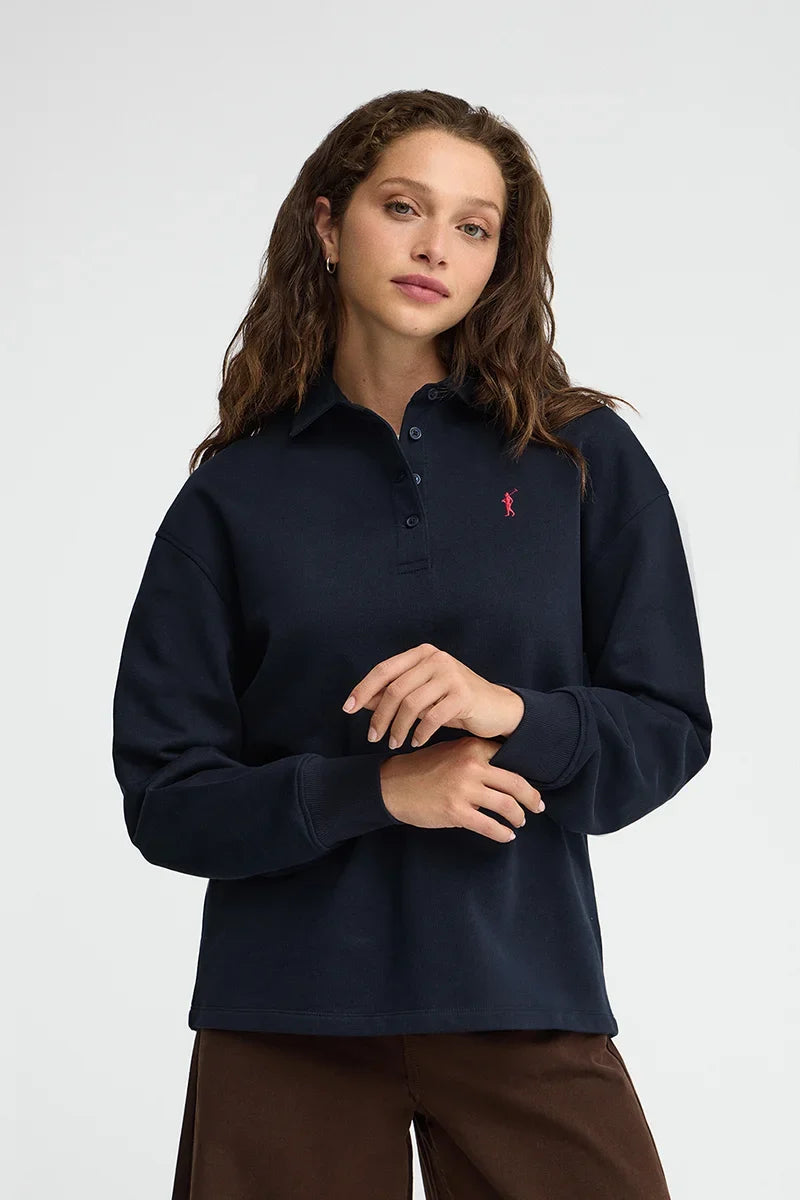 2026 New Arrival Navy-blue sweatshirt with shirt collar and Rigby Go embroidery