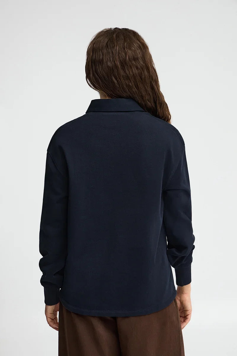 2026 New Arrival Navy-blue sweatshirt with shirt collar and Rigby Go embroidery
