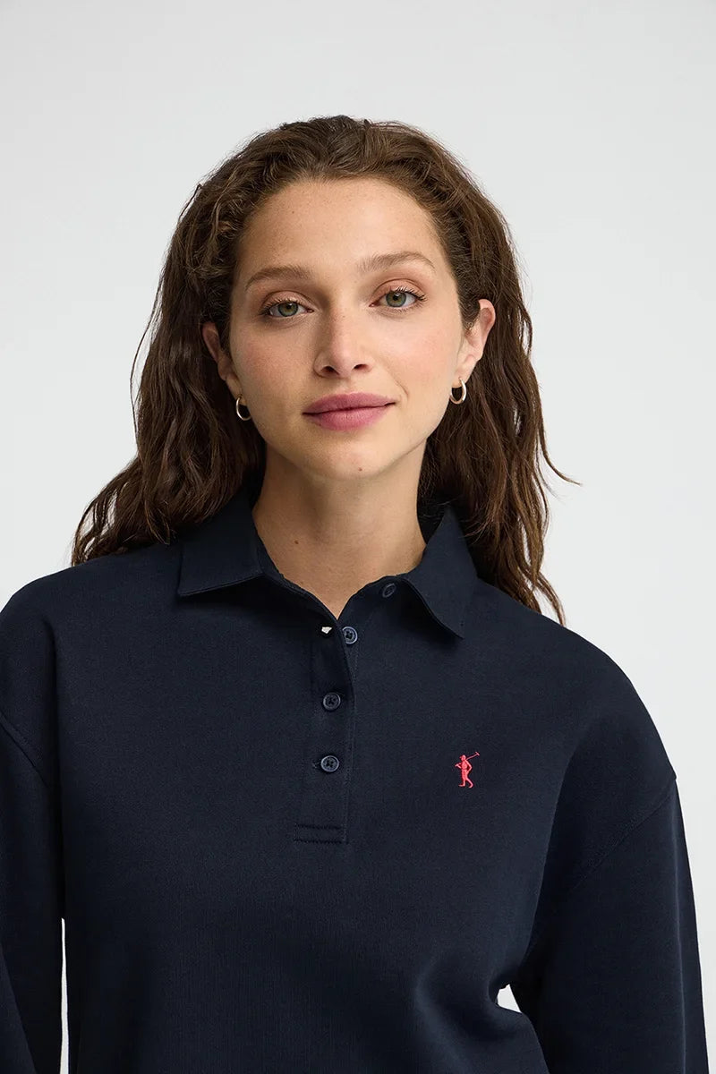 2026 New Arrival Navy-blue sweatshirt with shirt collar and Rigby Go embroidery