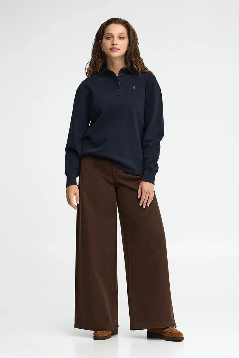 2026 New Arrival Navy-blue sweatshirt with shirt collar and Rigby Go embroidery