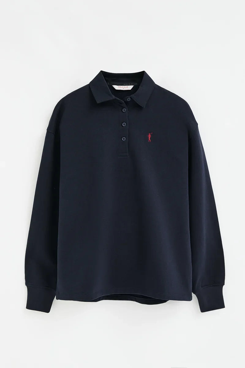 2026 New Arrival Navy-blue sweatshirt with shirt collar and Rigby Go embroidery