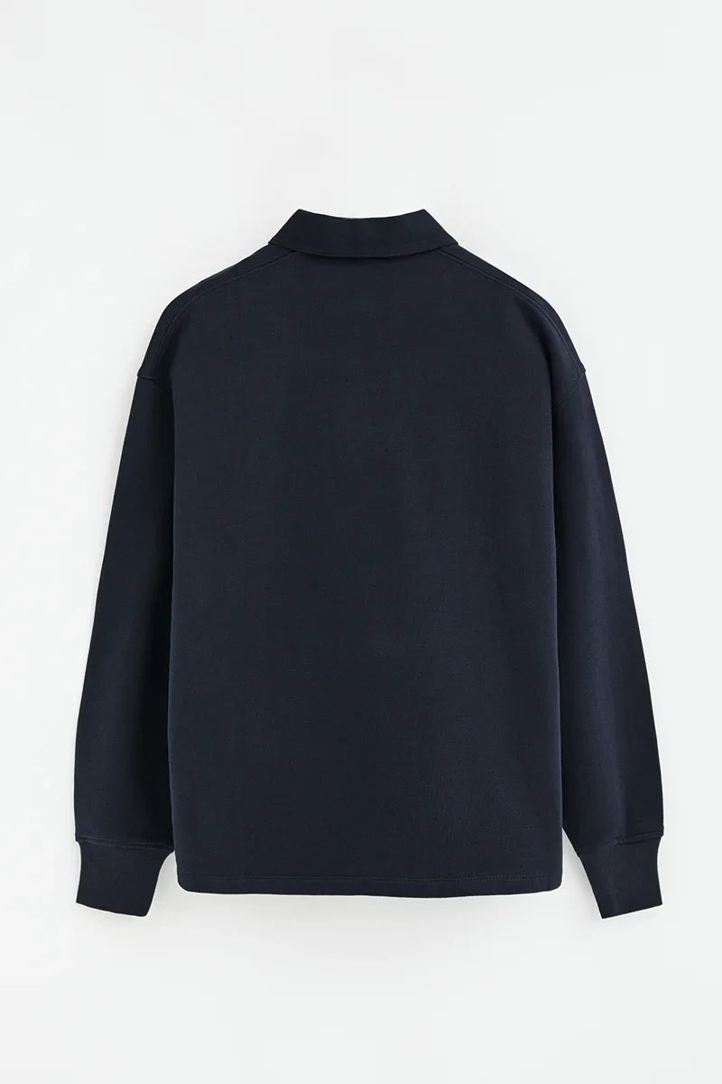 2026 New Arrival Navy-blue sweatshirt with shirt collar and Rigby Go embroidery