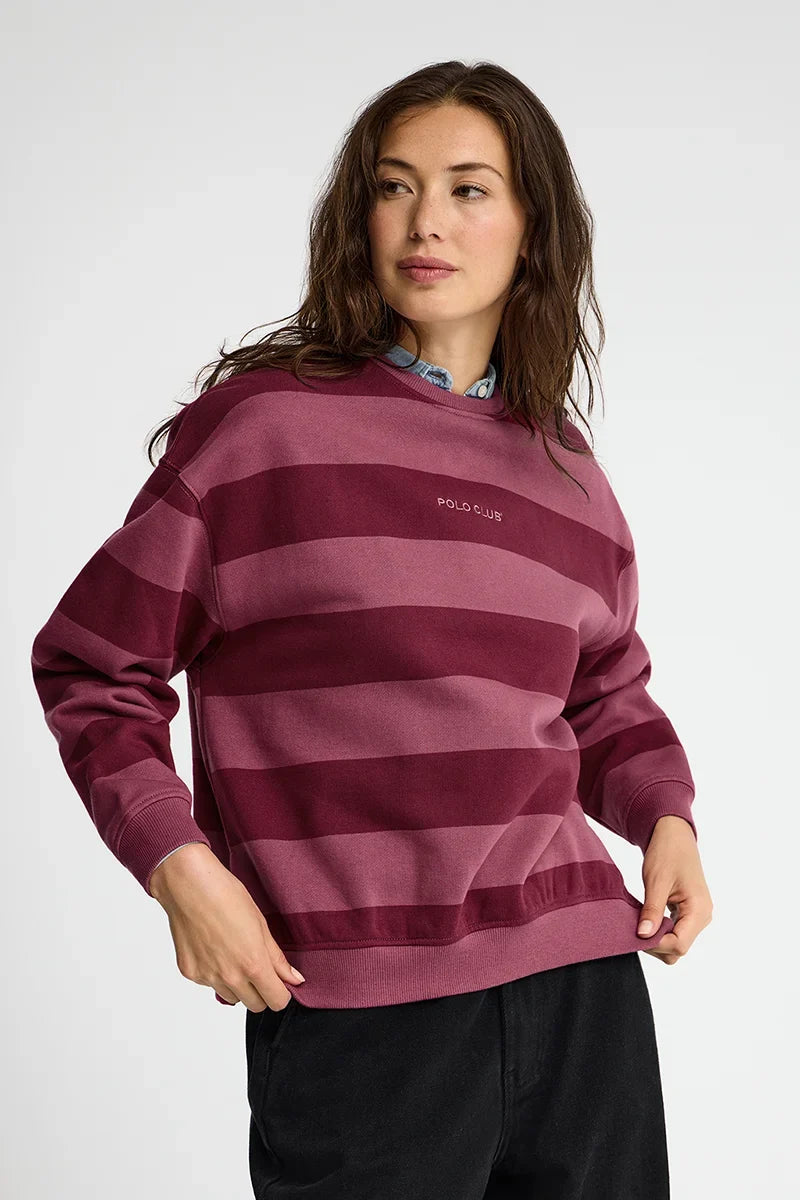 2026 New Arrival Wine-pink round-neck striped sweatshirt with Polo Club embroidery
