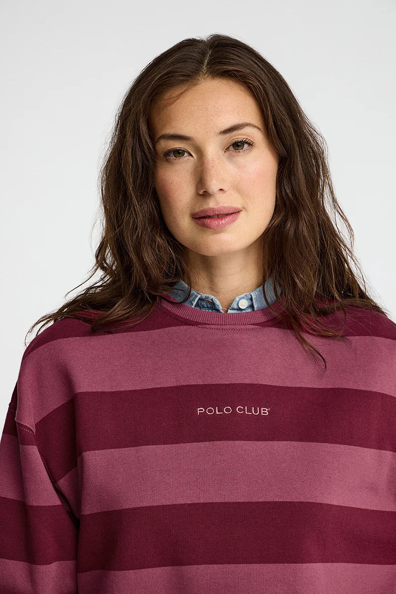 2026 New Arrival Wine-pink round-neck striped sweatshirt with Polo Club embroidery
