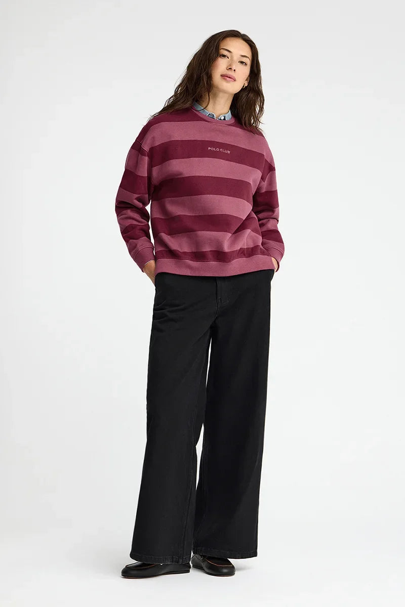 2026 New Arrival Wine-pink round-neck striped sweatshirt with Polo Club embroidery