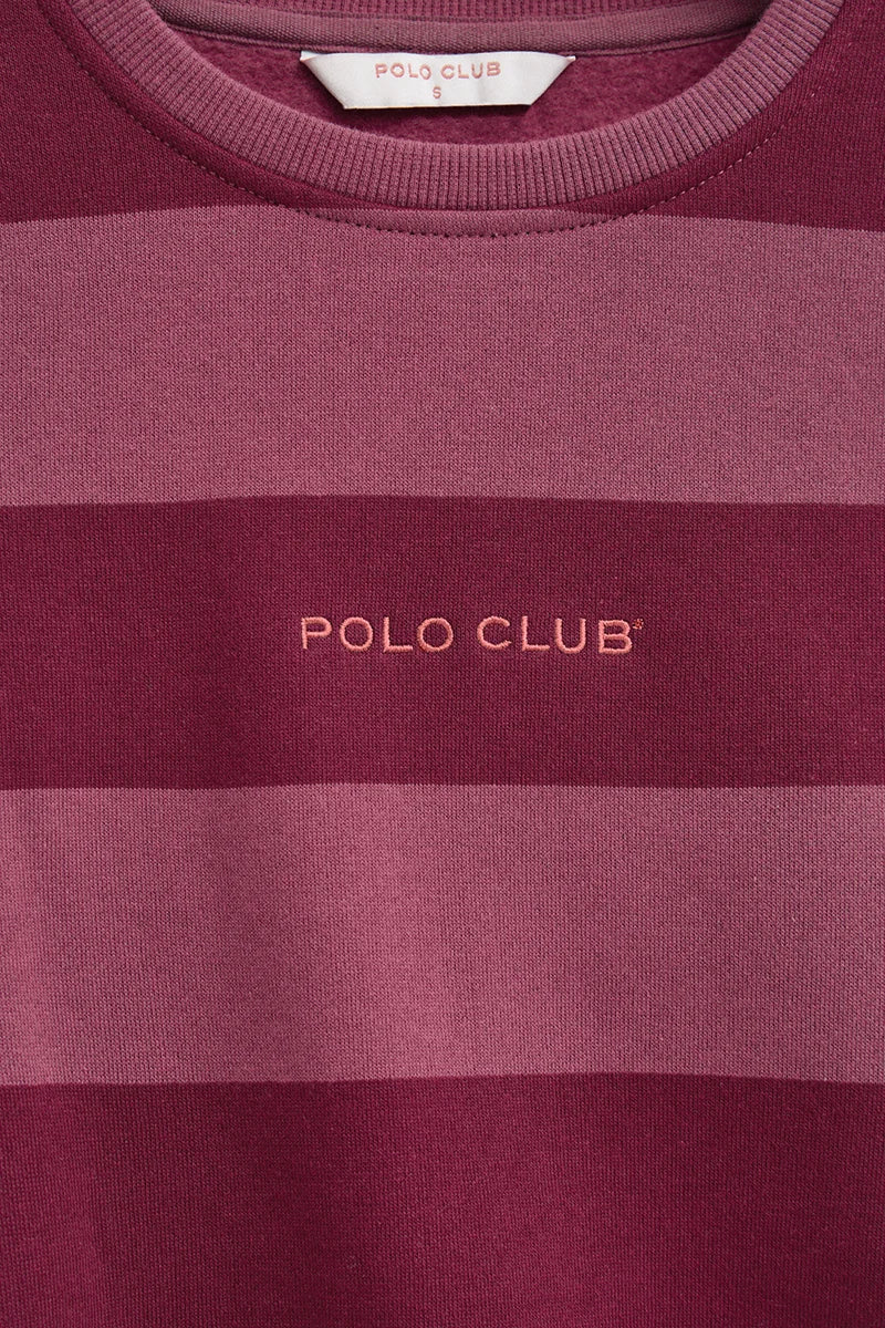 2026 New Arrival Wine-pink round-neck striped sweatshirt with Polo Club embroidery